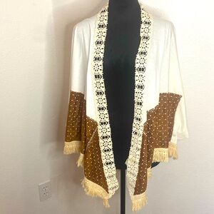 JudithMarch beautiful brown and cream Duster crochet with fringe shawl